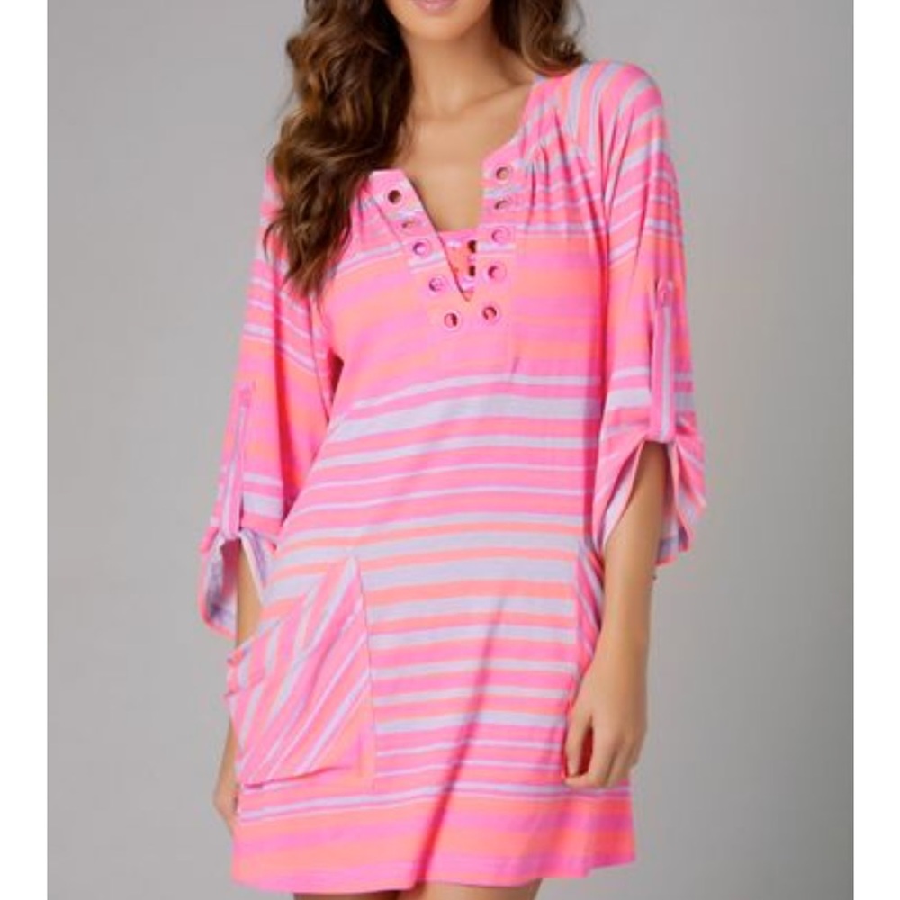Nanette Lenore Swim Pink/Lavender Seaside Stripes Beach Coverup